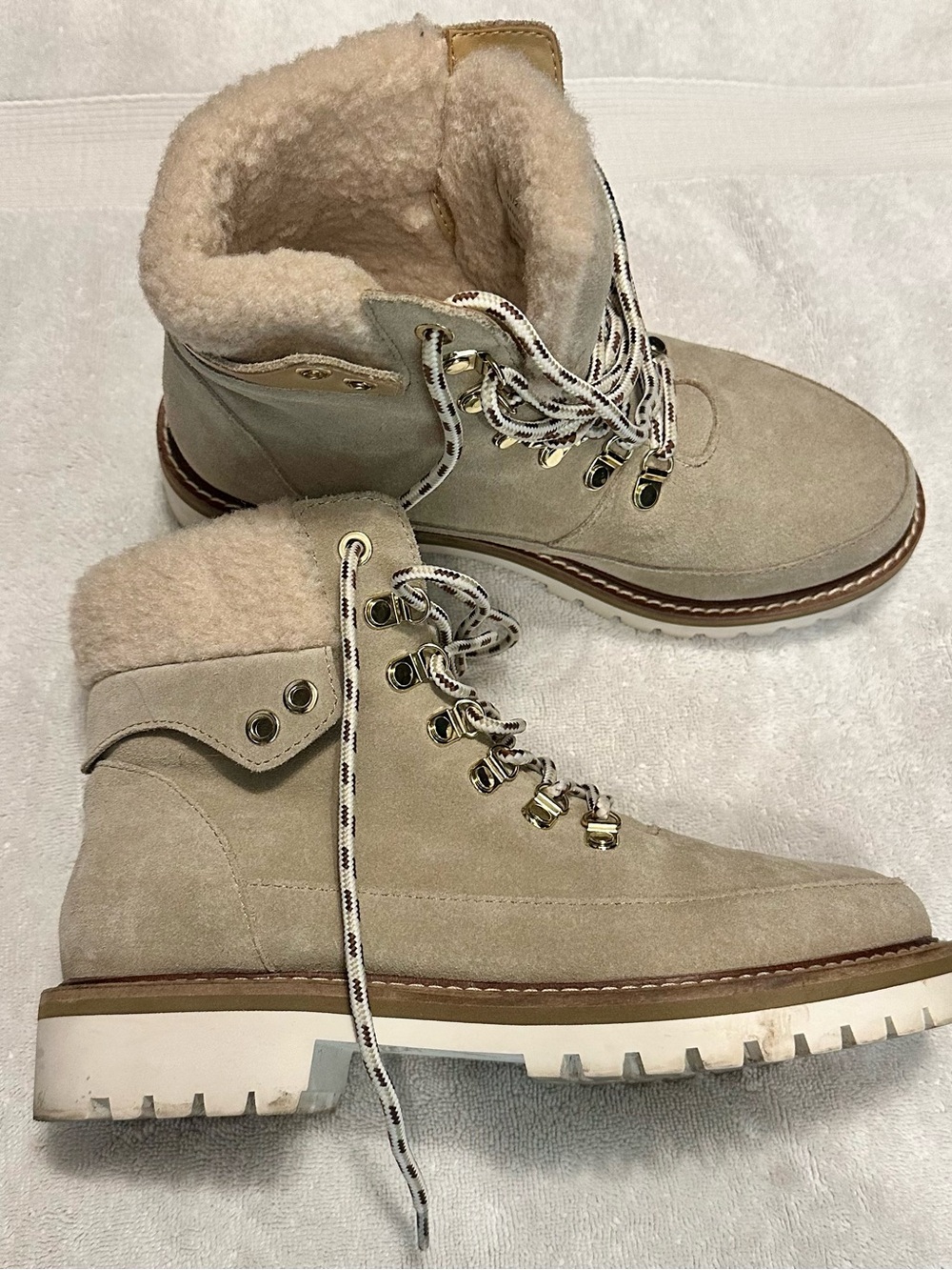 Talbots Beige Suede Shearling-Lined Lace-Up Boots